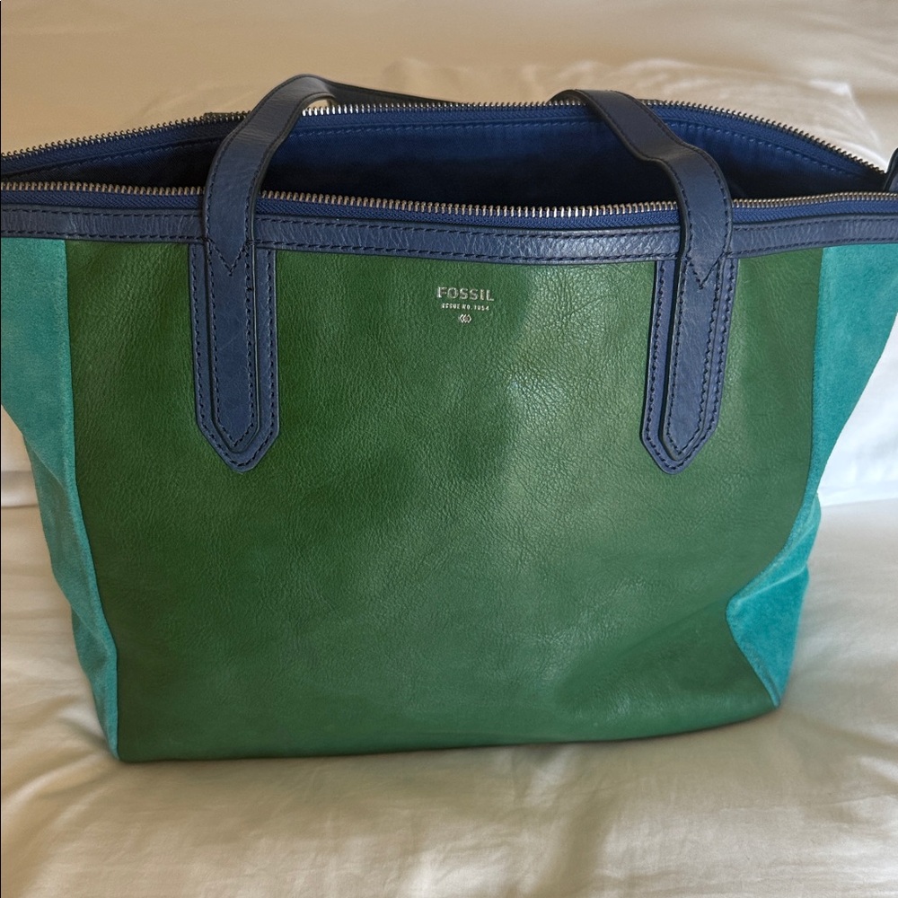 Fossil Blue and Green Leather Tote